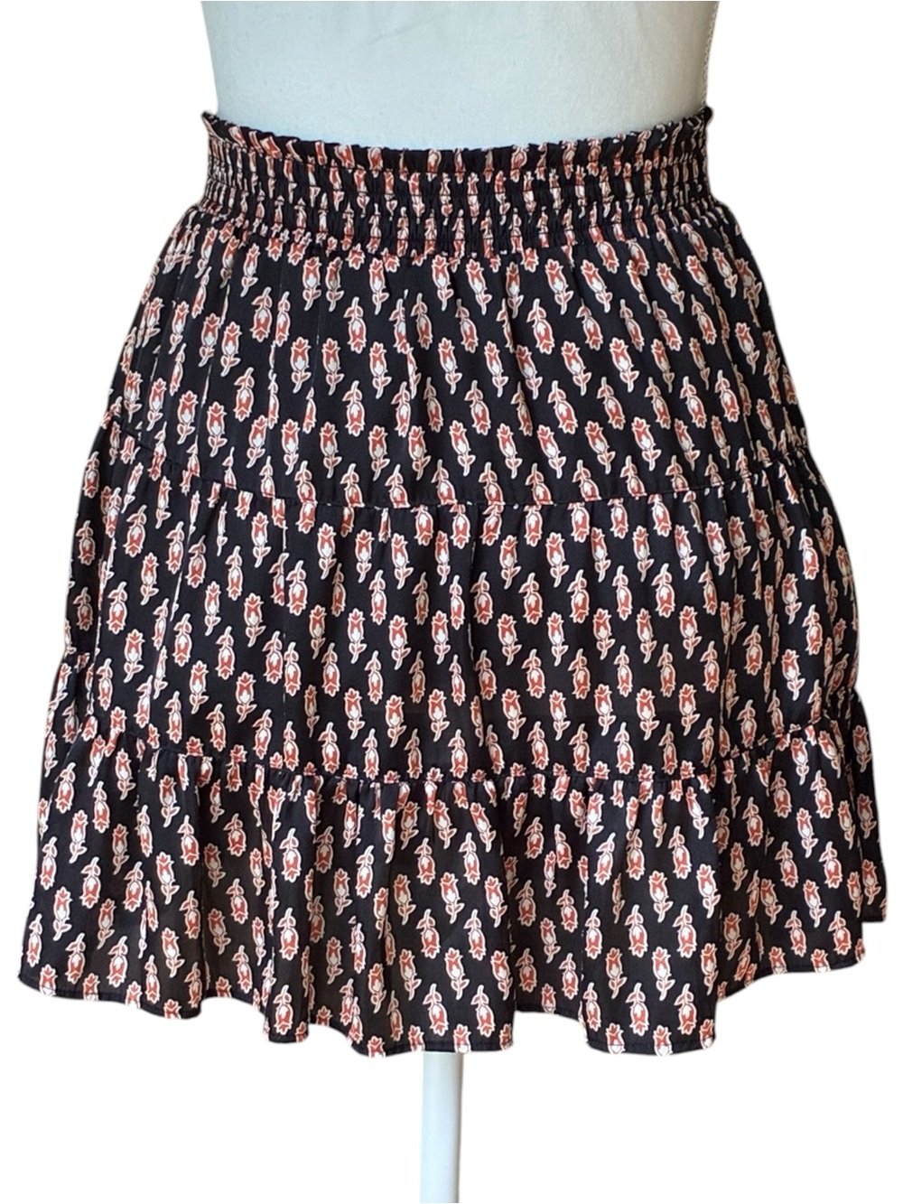 Forever 21‎ Black Orange Elastic Waist Tiered Floral Double Lined Mini Skirt M
